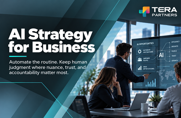 Business leader evaluating AI strategy while maintaining human judgment